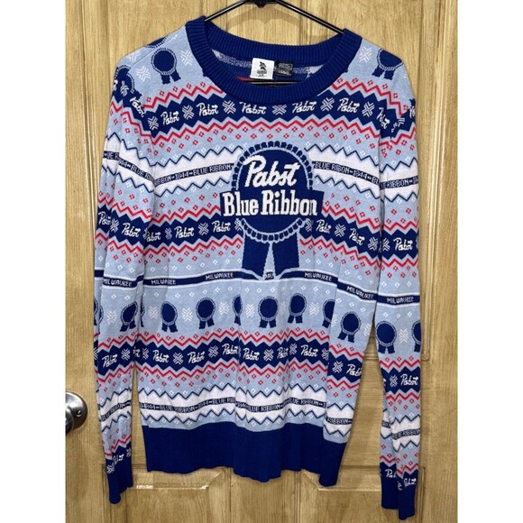 Pabst Blue Ribbon Men’s L Ugly Christmas Sweater Beer Milwaukee Blue Red PBR - Picture 1 of 3
